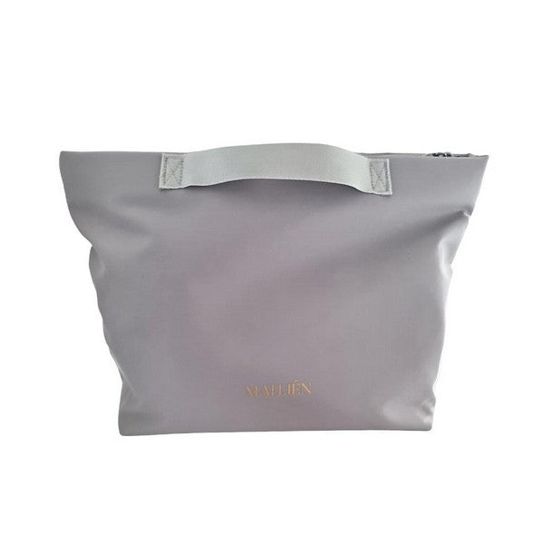 Light_Grey_Handbag_Insert_Organiser_Bag_with grey handles and the logo Mai Lien Co in gold silk writing on the front