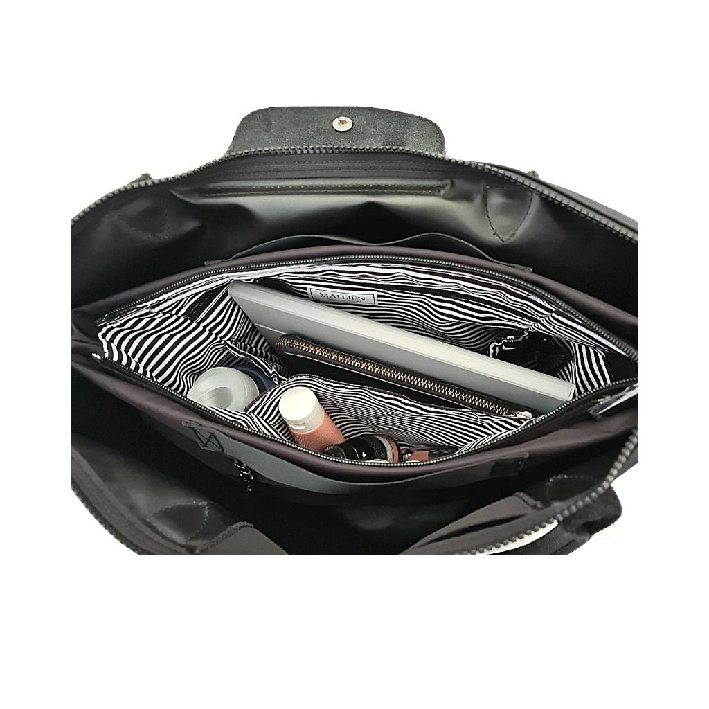 Photo of a Black Bag organiser/Organizer Filled with items. bag with handles. Nylon material. Light weight and waterpoof. Bag Keeps the contents of your handbag or tote organised and secure. Words on front Mai Lien Co. Size is 37cm by 25.5cm